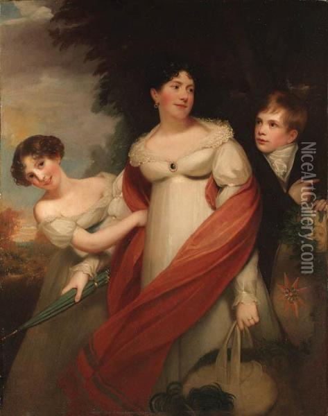 Portrait Of A Lady And Her 
Children, Traditionally Identified Asthe Duchess Of Kent And Prince 
Leiningen And Princess Feadora,three-quarter-length, The Former In A 
White Dress And Red Shawl, Ina Wooded Landscape Oil Painting - Sir William Beechey