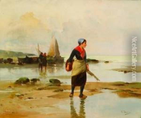 Shore Scene Oil Painting - George Haquette