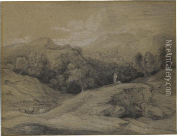 Wooded Landscape With Shepherd, Sheep And Mountains Oil Painting - Thomas Gainsborough