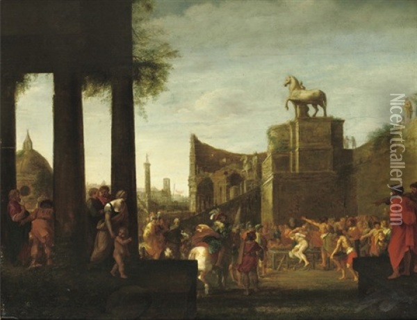 A Capriccio View Of Rome With The Martyrdom Of Saint Lawrence Oil Painting - Cornelis Van Poelenburgh