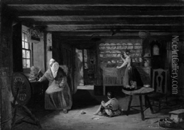 Alte Bauerin, Tochter Und Enkel In Schottischer Bauernstube Oil Painting - Norman Macbeth