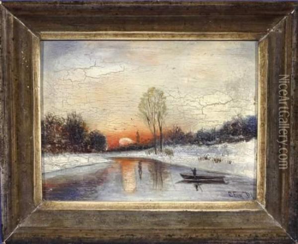 Winterliche Flusslandschaft Mit Ruderboot Vor Untergehender Sonne Oil Painting - Carl Fey