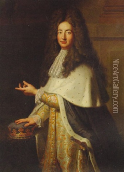 Portrait Of The Duc De La Force In A Gold Embroidered Coat With A Lace Jabot And A Ermine-lined Blue Mantle Oil Painting - Hyacinthe Rigaud