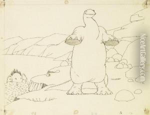 Gertie The Dinosaur On Her Hind Legs. Oil Painting - Winsor Mccay