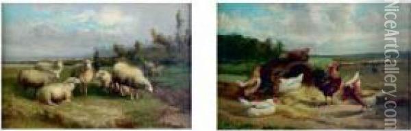 A La Ferme : Poules, Poussins, Moutons, Poules Aux Champs Oil Painting - Johan Jacob Van Der Heyden