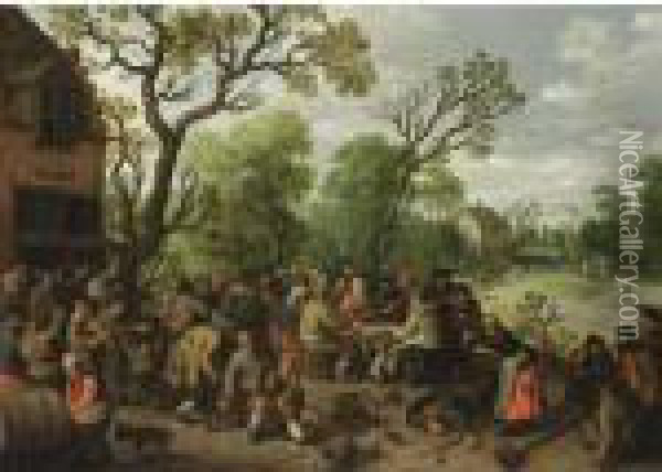 A Village Scene With Peasants 
Making Merry And Music With A Violin Player Outside An Inn, Together 
With Peasants Eating And Drinking At A Table Oil Painting - Joost Cornelisz. Droochsloot