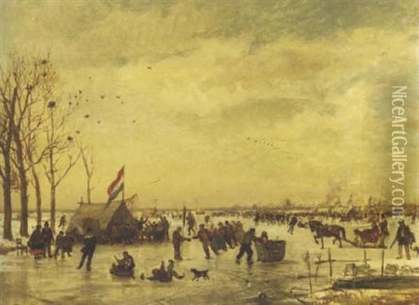 Hollandsch Ijsvermaak: A Populous Crowd Enjoying A Day On The Ice With Rotterdam In The Distance Oil Painting - Willem Roelofs