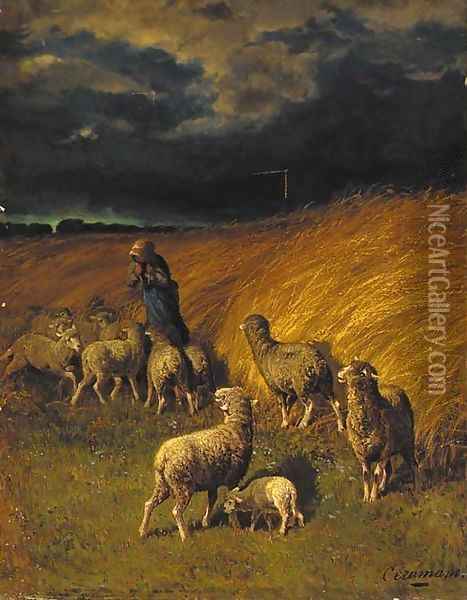 A sheperdess with her flock before a storm Oil Painting - Charles Ferdinand Ceramano