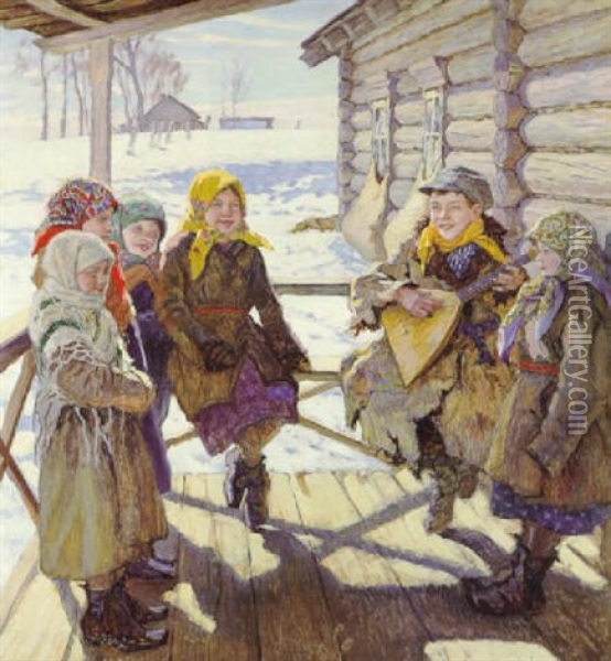 Born Pa En Terrasse Udenfor Et Hus, Vinter Oil Painting - Nikolai Petrovich Bogdanov-Bel'sky