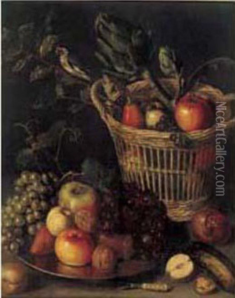 Nature Morte Au Panier De Fruits
 Et Artichauts, Pres D'un Plat De Fruit Sur Un Entablement Oil Painting - Adriaen van Utrecht