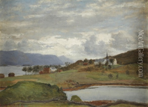 Landskap Med Hus Og Kirke Oil Painting - Johan Herman Wedel-Anker