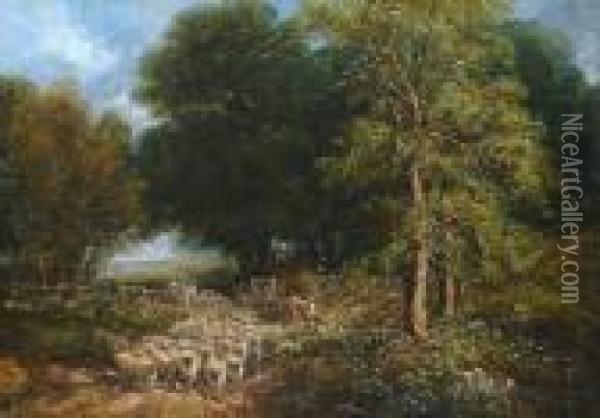 Sheep On A Woodland Track Oil Painting - John Linnell