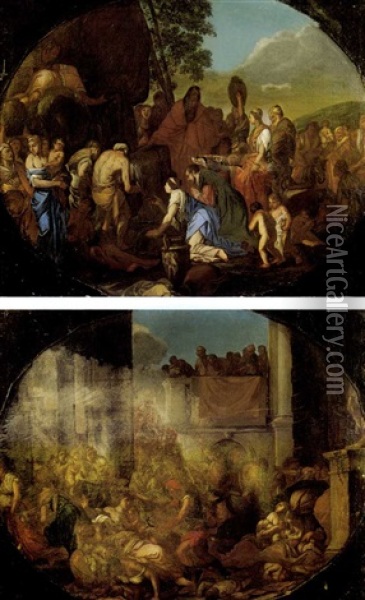Moise Frappant Le Rocher (+ Le Massacre Des Innocents; Pair) Oil Painting - Giulio Carpioni