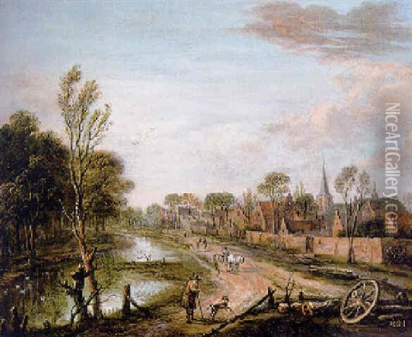 A River Landscape With Peasants On A Path By A Canal, A Town Beyond Oil Painting - Aert van der Neer