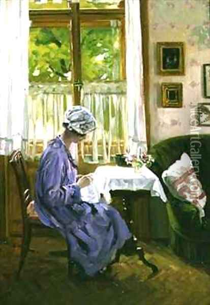 Lady Sewing by a Window Oil Painting - George Gerlach