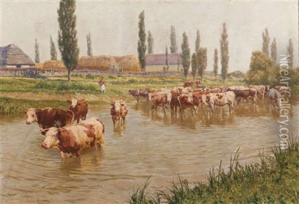 Hungarian River Landscape With Cows Oil Painting - Stefan Simony