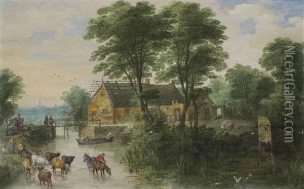 A River Landscape With Cottages And Cattle, A City, Possibly Antwerp, Beyond Oil Painting - Joos de Momper the Younger