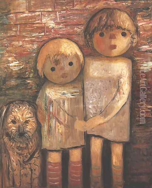 Two Children with a Dog Oil Painting - Tadeusz Makowski