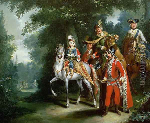 Joseph II, Emperor of Germany 1741-90 learning to ride at the age of six, 1748 Oil Painting - Johann Elias Ridinger or Riedinger