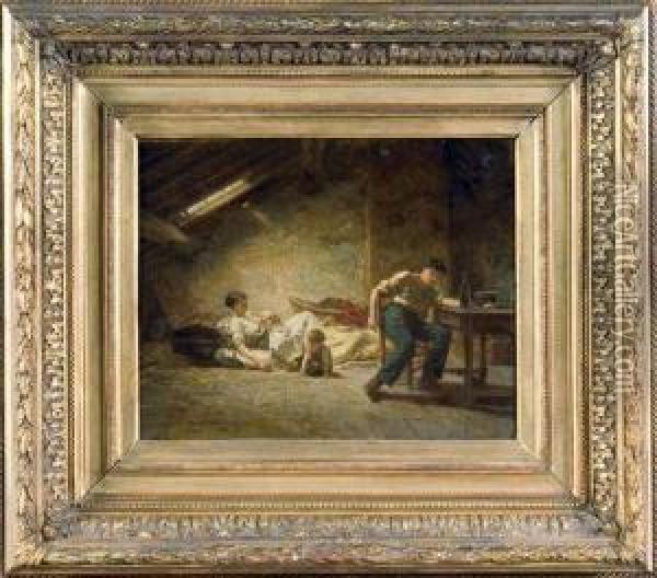 Famille De Paysans Au Grenier Oil Painting - Theophile-Emmanuel Duverger