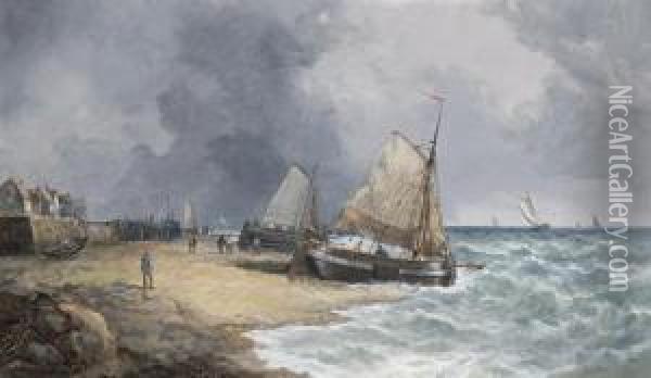 Fishing Boats On A Beach Oil Painting - John James Wilson
