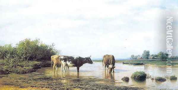 Cows as Watering, 1879 Oil Painting - Clodt von Jurgensburg Mikhail Konstantinovitch