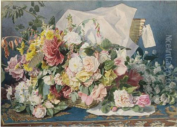Flowers, Signed, Watercolour, 54 X 74.5 Cm.; 21 1/4 X 29 1/4 In Oil Painting - Joseph Prosper Florence