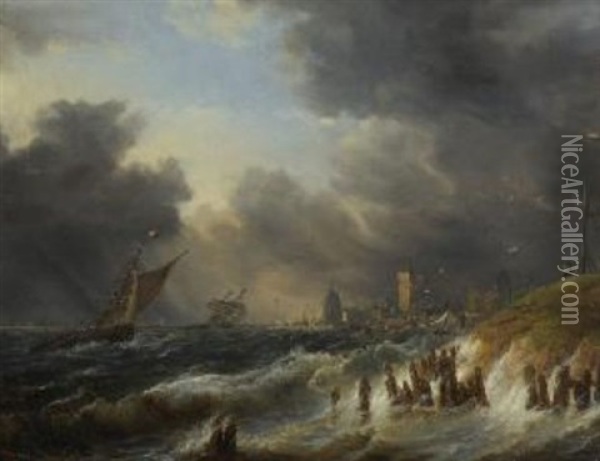Schiffe An Sturmischer Meereskuste Oil Painting - Andreas Achenbach