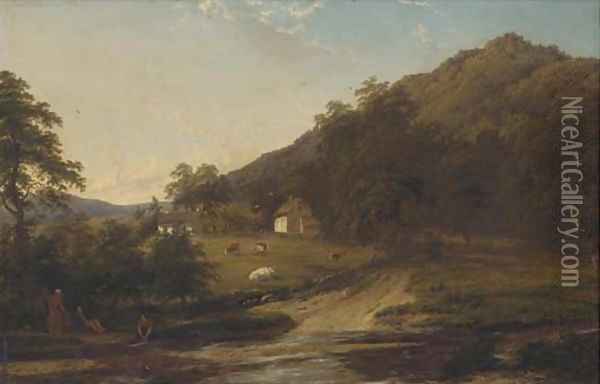 Figures by a river with cottages beyond Oil Painting - Thomas Baker Of Leamington