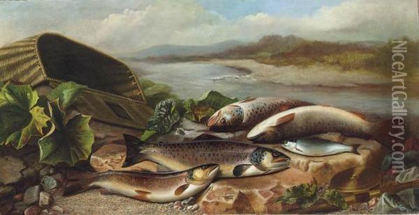 Trout And A Bleak On A River Bank Oil Painting - John Russell