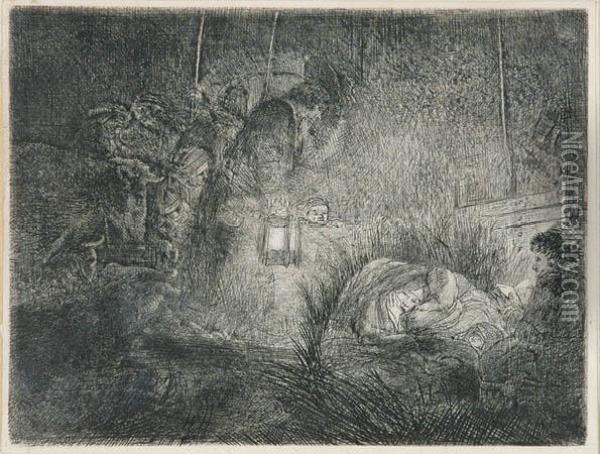 The Adoration Of The Shepherds: A Night Piece (bartsch, Hollstein46; Hind 255) Oil Painting - Rembrandt Van Rijn