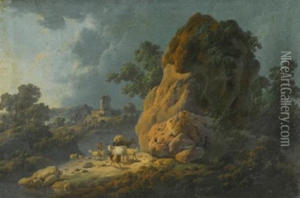 Landscape With A Herder And His Goats, Sheep, A Donkey, And A Cow, A Tower Beyond Oil Painting - Jean Baptiste Pillement
