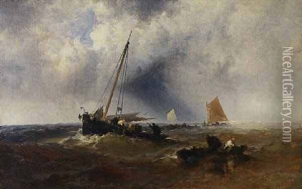 A Shipwreck With Men Along The Beach Oil Painting - Franklin Dullin Briscoe