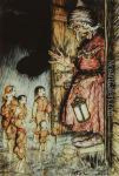 When The Lady Saw That They Had Such Pretty Faces Shebegan To Shed Tears. Oil Painting - Arthur Rackham