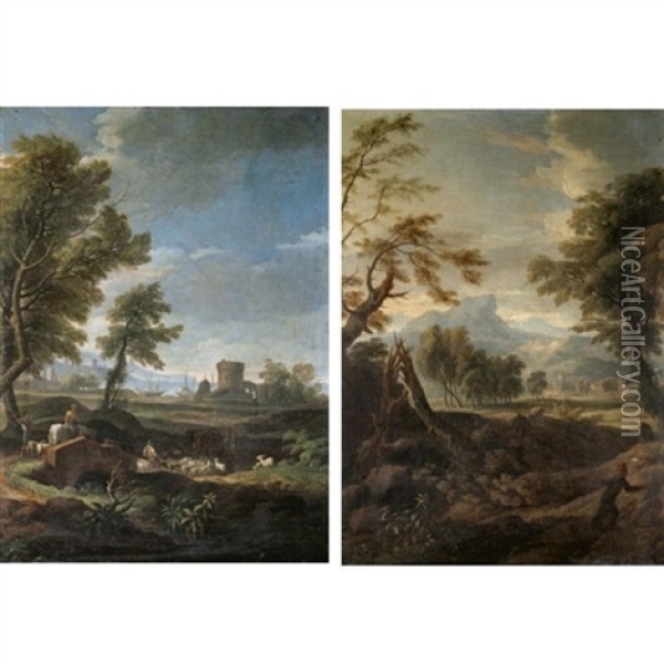 An Italianate Landscape With A Figure In The Foreground Ruins And A Hill Top Town Beyond (+ An Italianate Landscape With Drovers And Their Animals Crossing A Bridge, A Harour Beyond; Pair) Oil Painting - Jan Frans van Bloemen