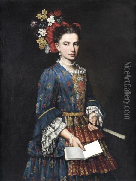 Portrait Of A Lady, Three-quarter-length, In A Blue Embroidered Dress, Holding A Fan Oil Painting - Giacomo Ceruti (Il Pitocchetto)