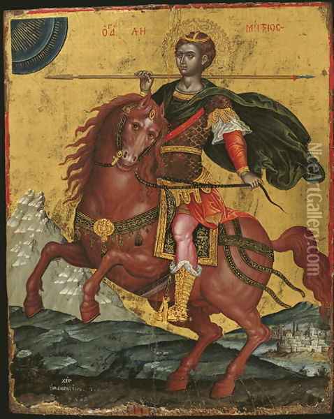 Icon of St Demetrios on Horseback, 1672 Oil Painting - Emmanuel Tzanes