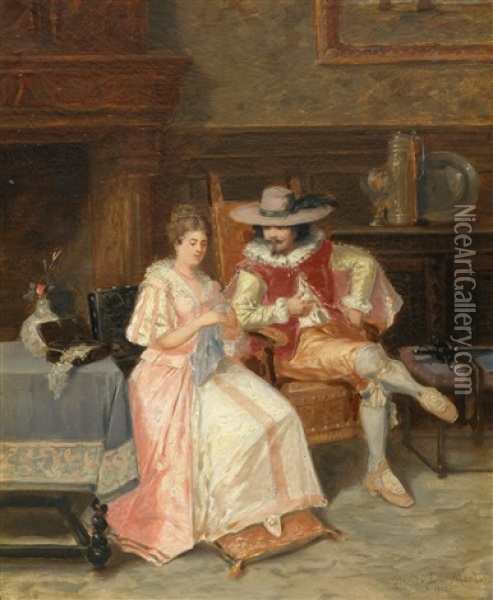 Noble Couple In Historical Costume In An Interior Oil Painting - Francois Dumont