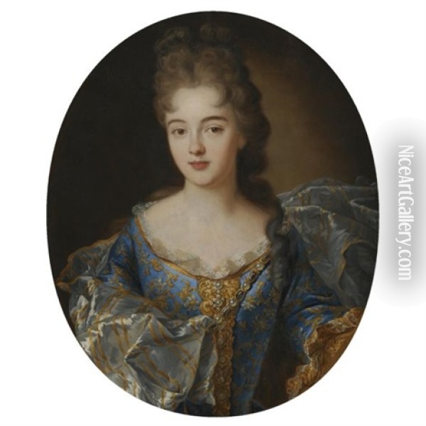 Portrait Of A Lady, In A Blue Embroided Dress With An Ornate Scarf Oil Painting - Nicolas de Largilliere