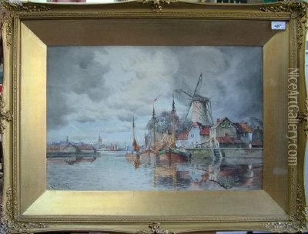 Busy Canal. Oil Painting - Hermanus Jr. Koekkoek