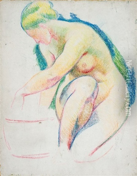 Sitzender Weiblicher Akt, Sich Waschend Oil Painting - Adolf Erbsloeh