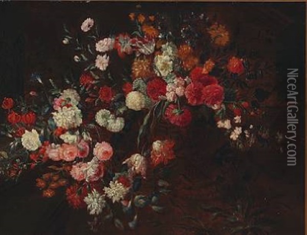 Flower Still Life With Tulips, Peonies And Lilies Among Others Oil Painting - Jean-Baptiste Monnoyer