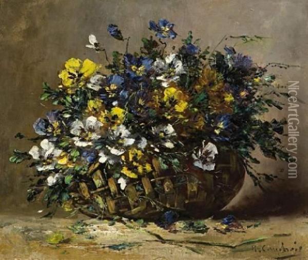 Raffia Basket With Lush Sunflower Bouquet Oil Painting - Eugene Henri Cauchois