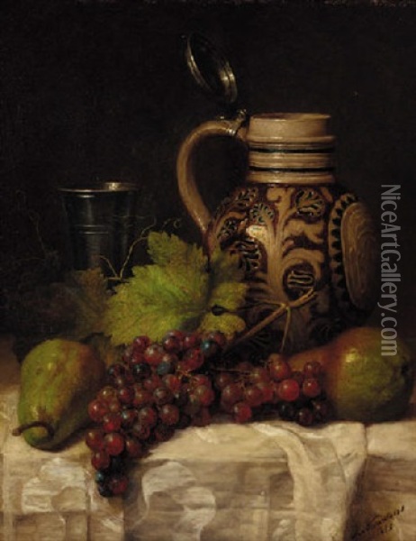 Grapes, Pears, A Tankard And A Pitcher On A Draped Table Oil Painting - Joseph Nauwens