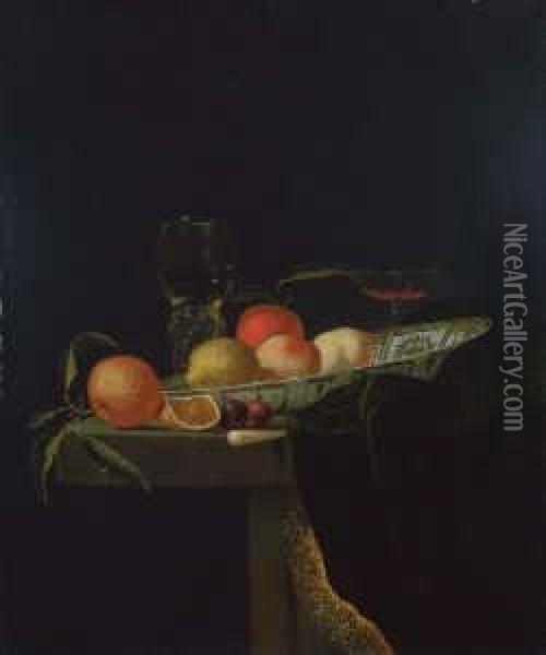 Fruchtestilleben. Pfirsiche Und 
Orangen In Einer Wan-li-schale, Daneben Ein Venezianisches Glas Oil Painting - Juriaen van Streeck