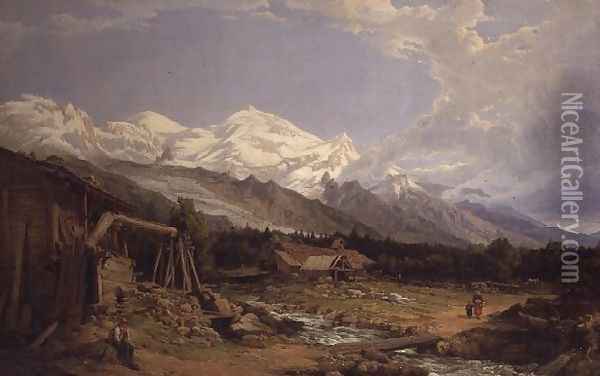 Alpine landscape with figures by a mountain stream Oil Painting - George Clarkson Stanfield
