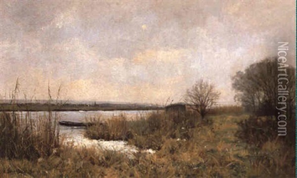 Flusslandschaft Im Herbst Oil Painting - Pierre Emmanuel Eugene Damoye