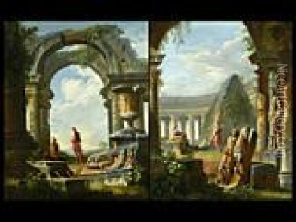 Paar Gemalde: Blick Auf Die 
Cestius-pyramide Mit Maler Und Jungling Und Marius In Den Ruinen 
Karthagos Oil Painting - Giovanni Niccolo Servandoni