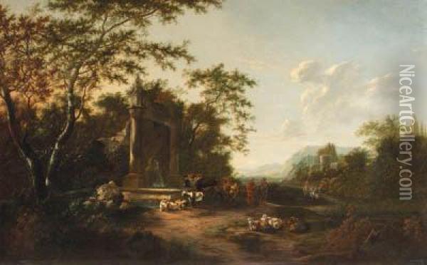 Shepherds With Cattle And Sheep By A Fountain In An Italianatelandscape, At Sunset Oil Painting - Frederick De Moucheron
