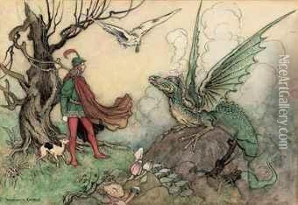 A Young Knight Facing A Dragon Oil Painting - Warwick Goble